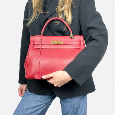 Sac Hermès "Kelly 32 Epsom" rouge