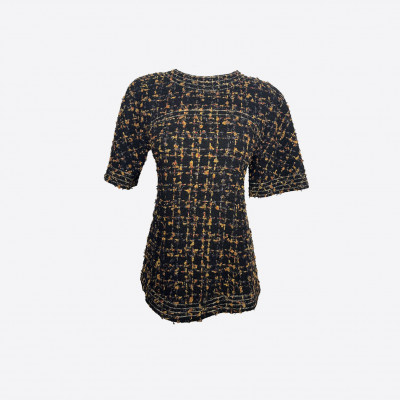 Top en tweed Chanel manches courtes noir et marron