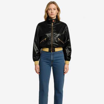 1980s-style metallic black Chanel bomber jacket