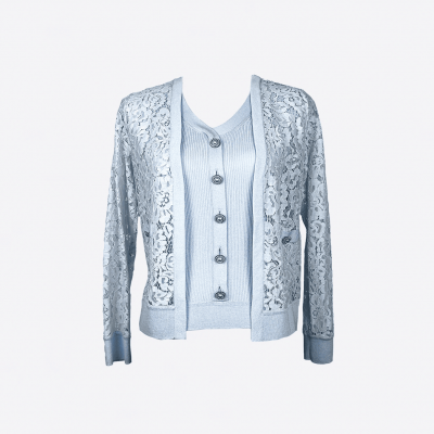 Edward Achour sky blue cardigan with lace detailing.