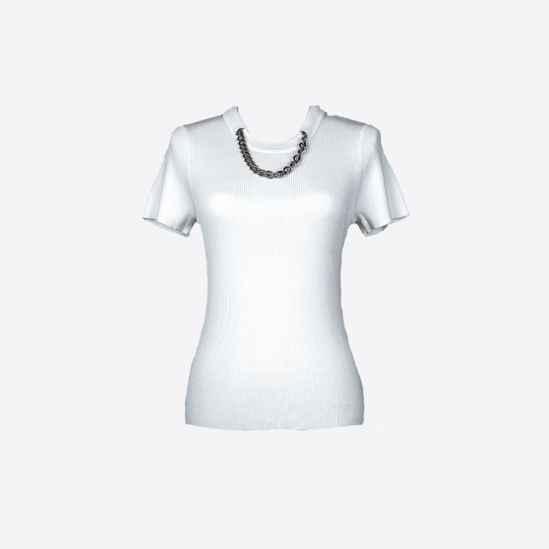 Edward Achour white short-sleeve sweater with gold chain detail.