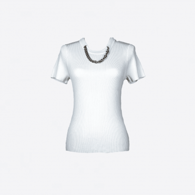 Edward Achour white short-sleeve sweater with gold chain detail.