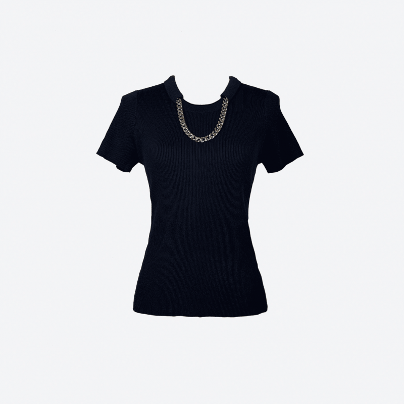 Edward Achour black short-sleeve sweater with gold chain detail.