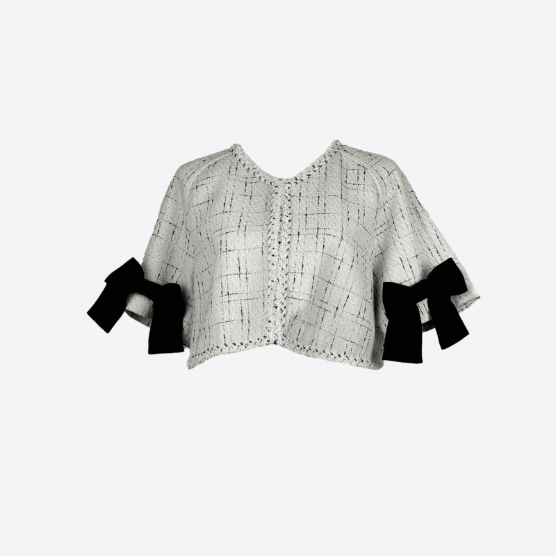 Edward Achour ecru tweed dress with short sleeves and bow details.