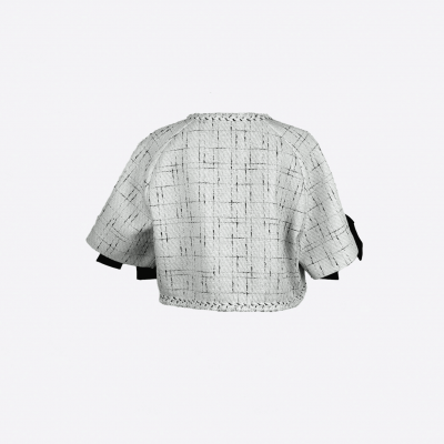 Edward Achour ecru tweed dress with short sleeves and bow details.