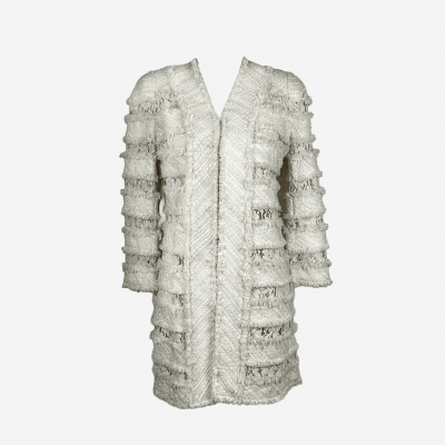 Edward Achour mid-length coat in ecru tweed with lace detailing.