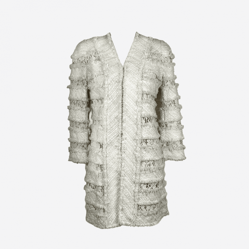 Edward Achour mid-length coat in ecru tweed with lace detailing.