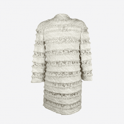 Edward Achour mid-length coat in ecru tweed with lace detailing.
