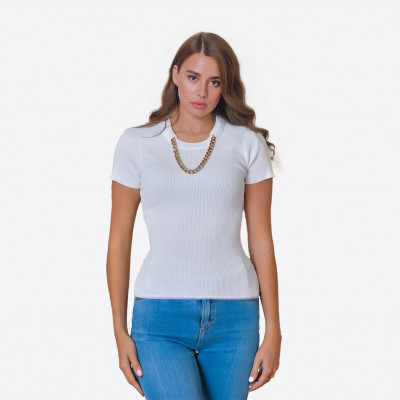 Pull Edward Achour blanc manches courtes avec chaine dorée