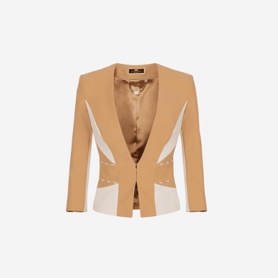 Elisabetta Franchi camel blazer with ivory inserts.