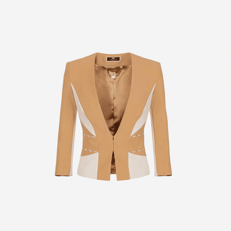 Elisabetta Franchi camel blazer with ivory inserts.
