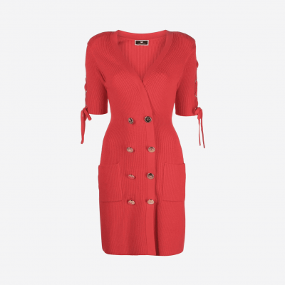 Elisabetta Franchi red midi dress with gold buttons and lace-up details.
