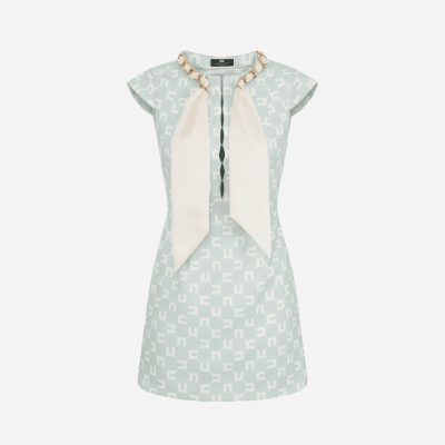 Elisabetta Franchi short dress with geometric print and jeweled collar.