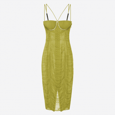 Elisabetta Franchi olive green midi dress with draping and beaded balconette neckline.