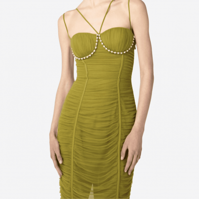 Elisabetta Franchi olive green midi dress with draping and beaded balconette neckline.