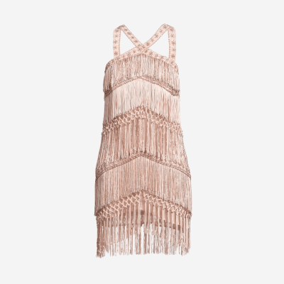 Elisabetta Franchi short dress with crossover neckline, fringe, and pearls.