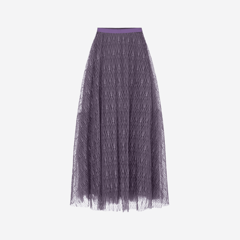 Elisabetta Franchi long skirt in violet tulle with graphic embroidery.