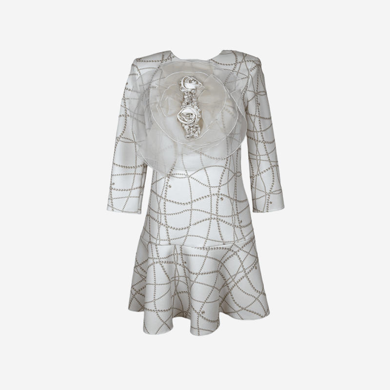 Elisabetta Franchi short ecru dress with tulle flower detail.