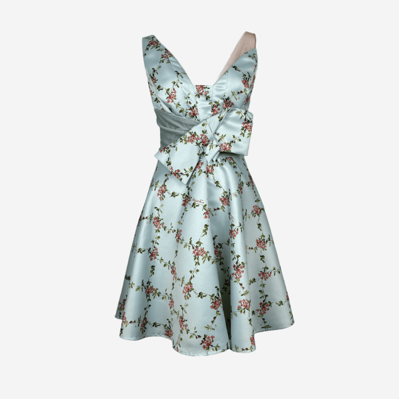Elisabetta Franchi short floral dress with flat bow detail.