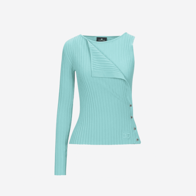 Elisabetta Franchi asymmetric turquoise knit top.