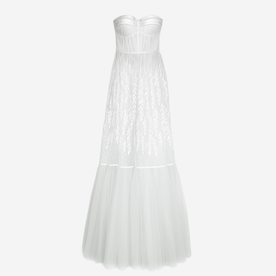 Elisabetta Franchi long white dress with a strapless neckline and textured skirt.