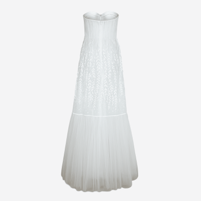 Robe longue Elisabetta Franchi blanche, decolleté bustier et jupe en relief