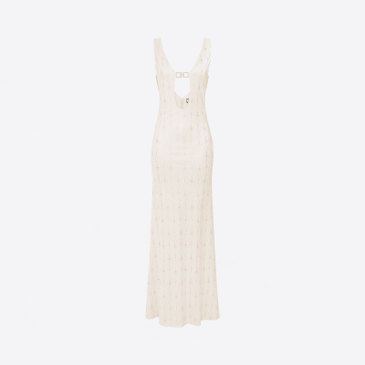 Elisabetta Franchi long ecru dress with plunging neckline.