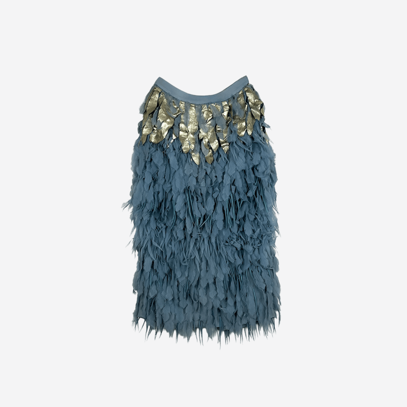 Elisabetta Franchi blue midi skirt with golden leaves and airy feathers.