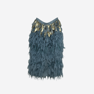 Elisabetta Franchi blue midi skirt with golden leaves and airy feathers.