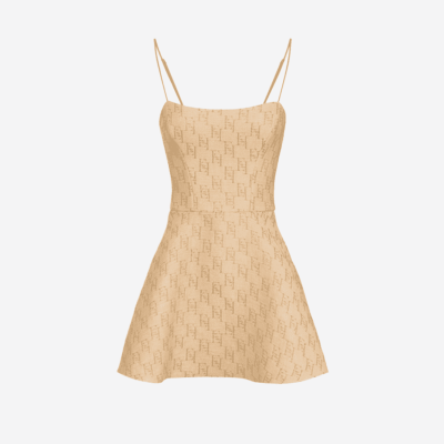Elisabetta Franchi short dress with beige and gold monogram.