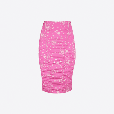 Elisabetta Franchi short pink skirt with star print and lace.