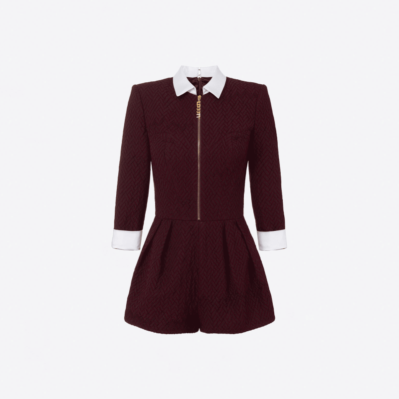 Elisabetta Franchi short burgundy shirt-collar romper dress.