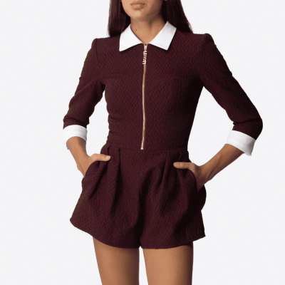 Elisabetta Franchi short burgundy shirt-collar romper dress.