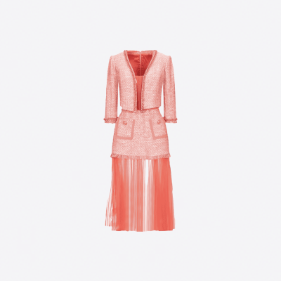 Elisabetta Franchi long coral pink dress in tweed and tulle.