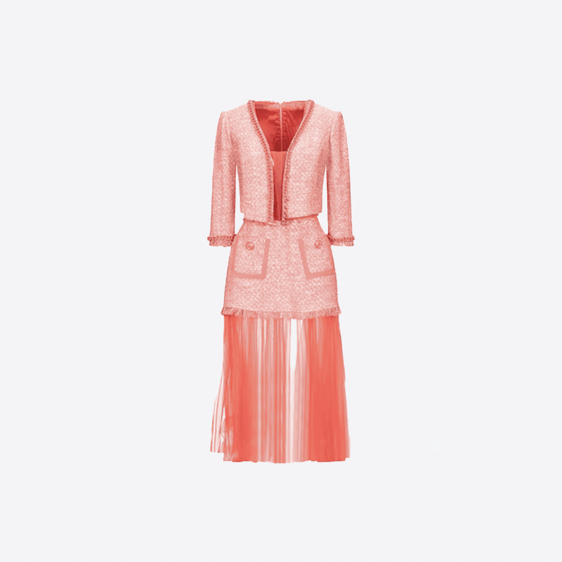 Robe longue Elisabetta Franchi rose corail tweed et tulle