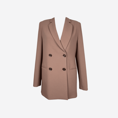 Elisabetta Franchi blush beige blazer with gold chains on the shoulders.