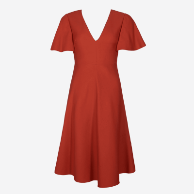 Valentino brick red midi dress with short sleeves and flared skirt.