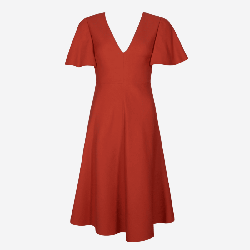 Valentino brick red midi dress with short sleeves and flared skirt.