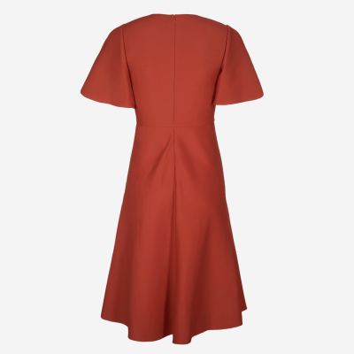 Valentino brick red midi dress with short sleeves and flared skirt.