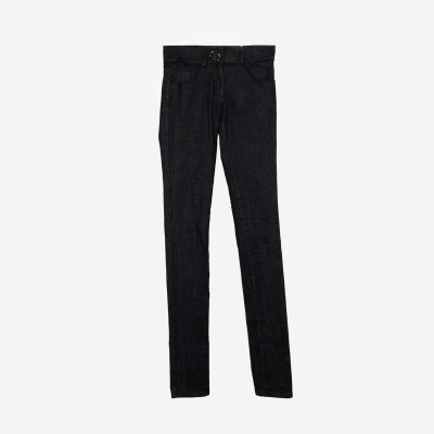 Valentino black slim-fit jeans with jeweled button.