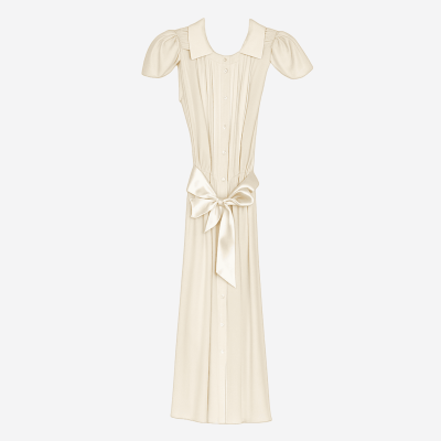 Valentino ecru midi dress with puffed shoulder pads and belt.