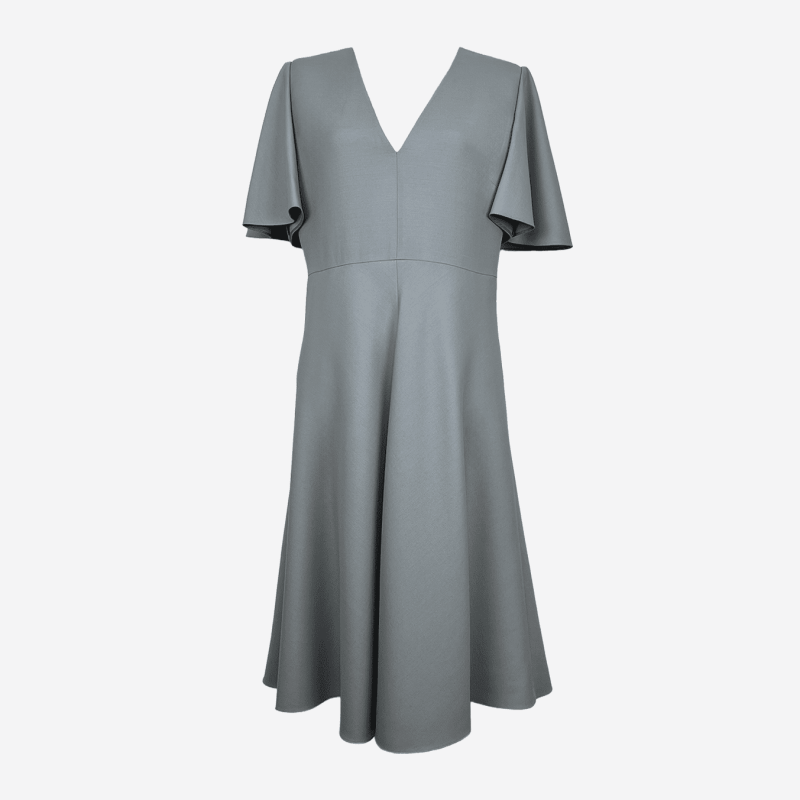 Valentino blue-grey midi dress with flared cut and short sleeves.