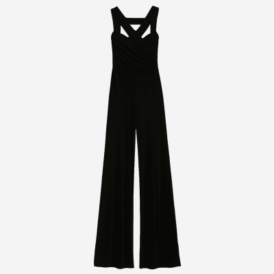 Valentino black jumpsuit with crossed ties.