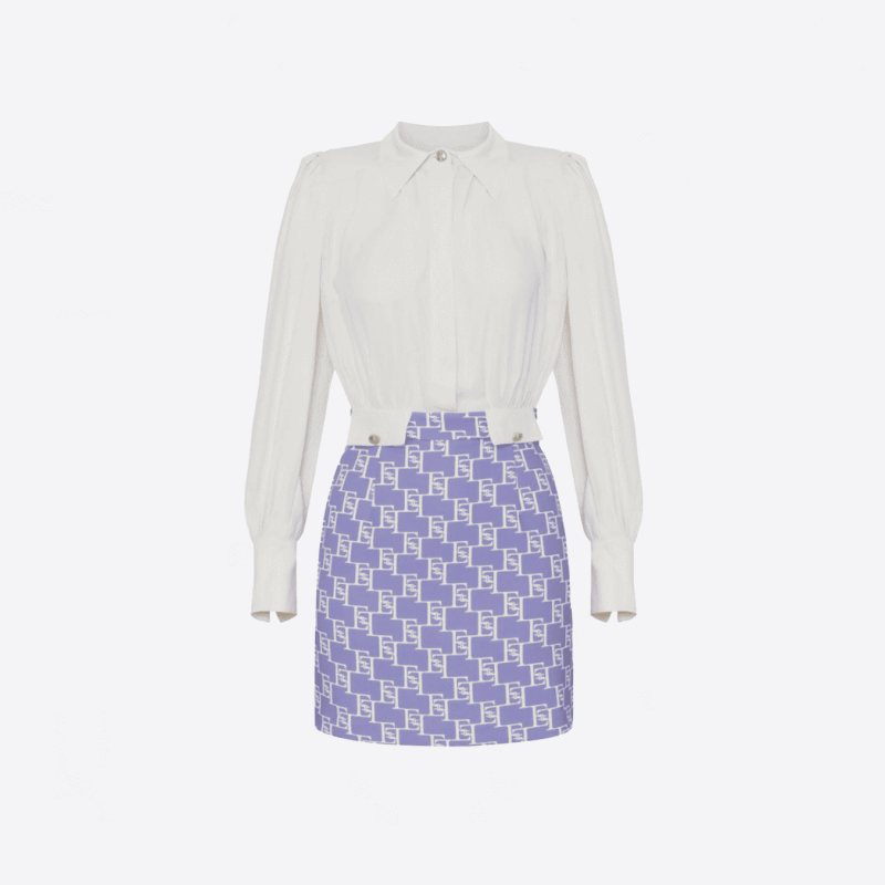 Robe courte Elisabetta Franchi chemisier crème et jupe imprimée lilas et blanc