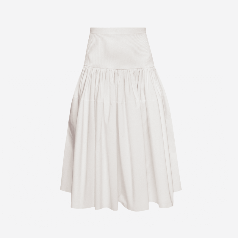 Alexander McQueen white high-waisted midi skirt with a voluminous silhouette.