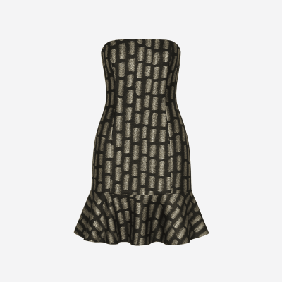 Jay Ahr short dress with black and gold pattern.