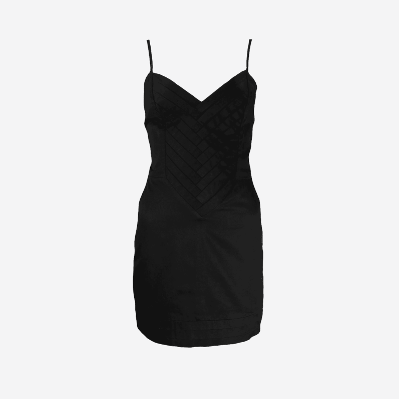 Dsquared short black dress with thin straps and braided detailing.
