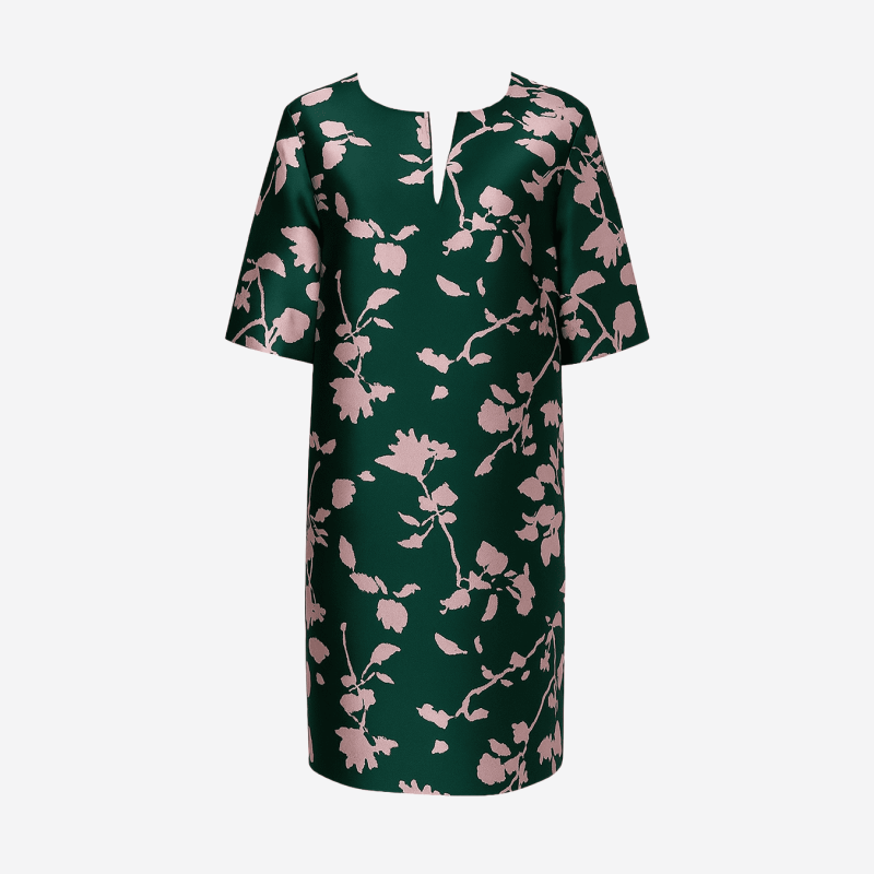Natan forest green midi dress with pale pink floral pattern