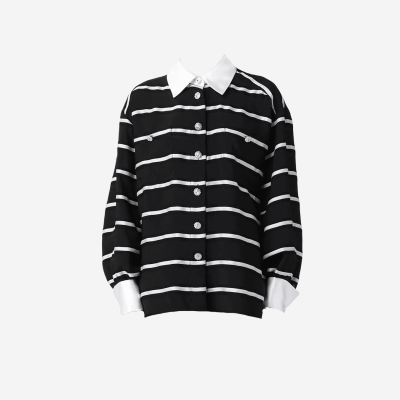 Edward Achour black and white striped blouse with jeweled buttons