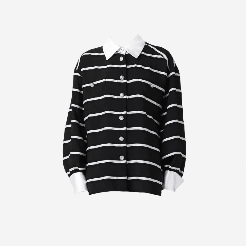 Blouse Edward Achour à rayures noire et blanches, boutons bijoux